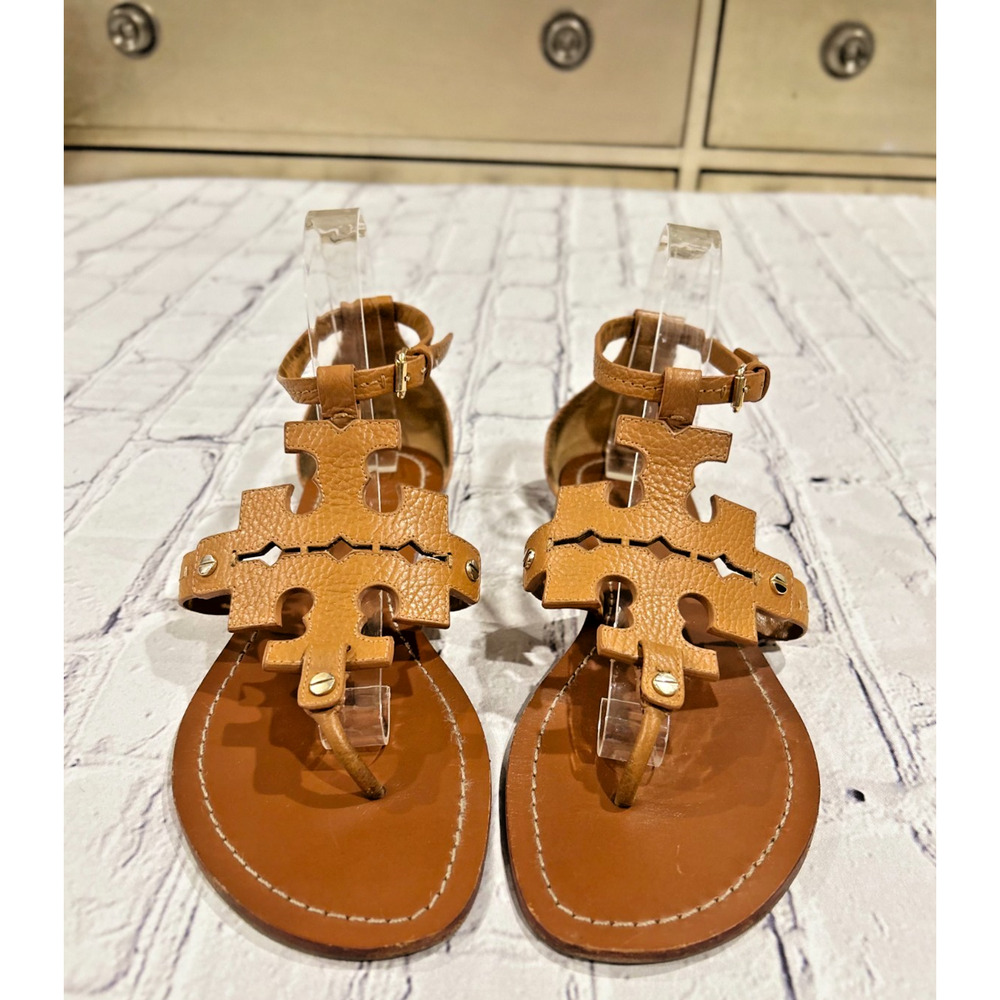 Tory Burch Phoebe Leather Flat Thong Sandal Royal Tan Brown US Size: 10.5